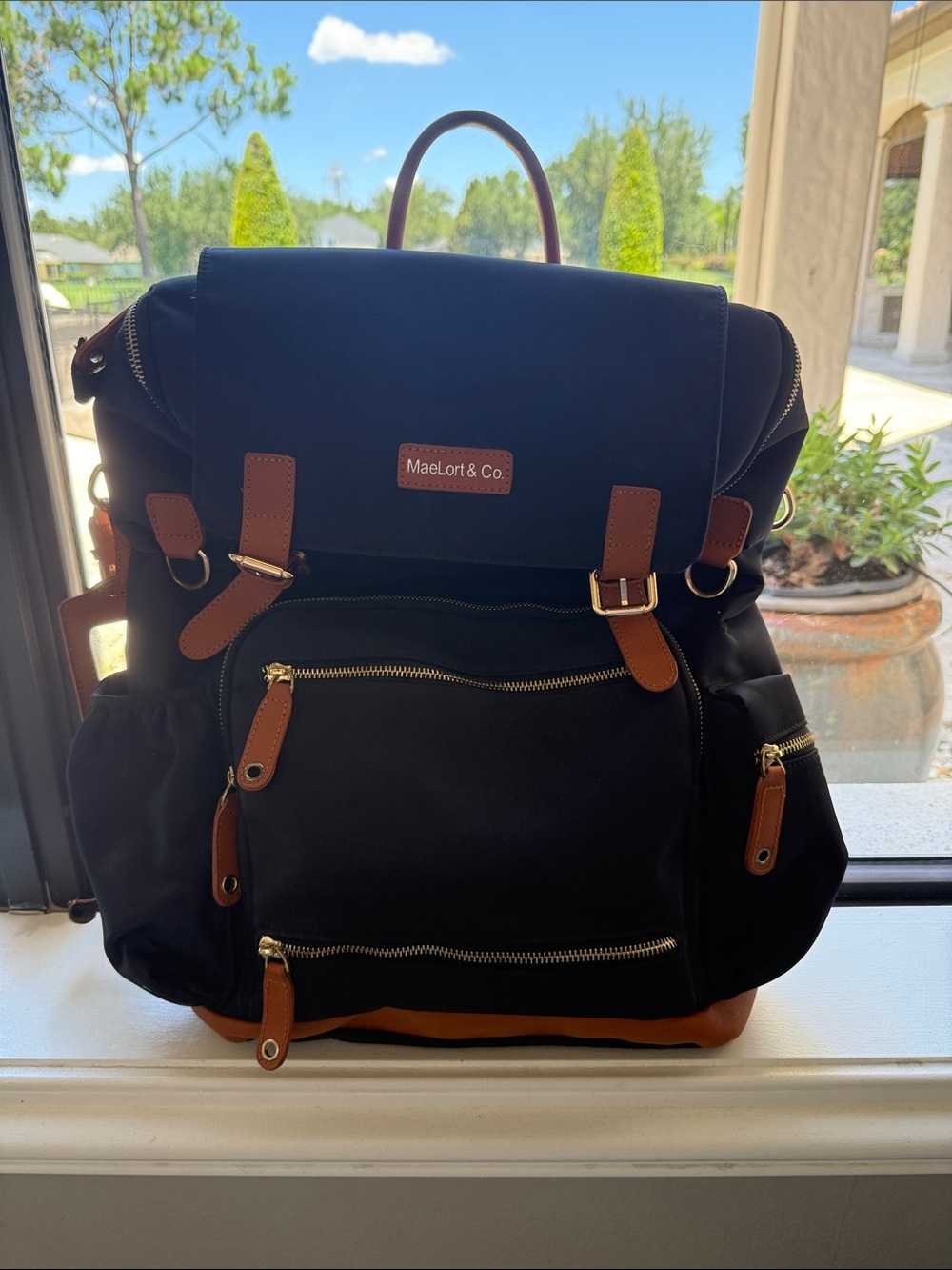 Black Backpack with Brown Trim